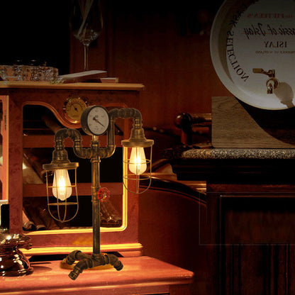 Industrial Vintage Wrought Iron Water Pipe 2-Light Table Lamp