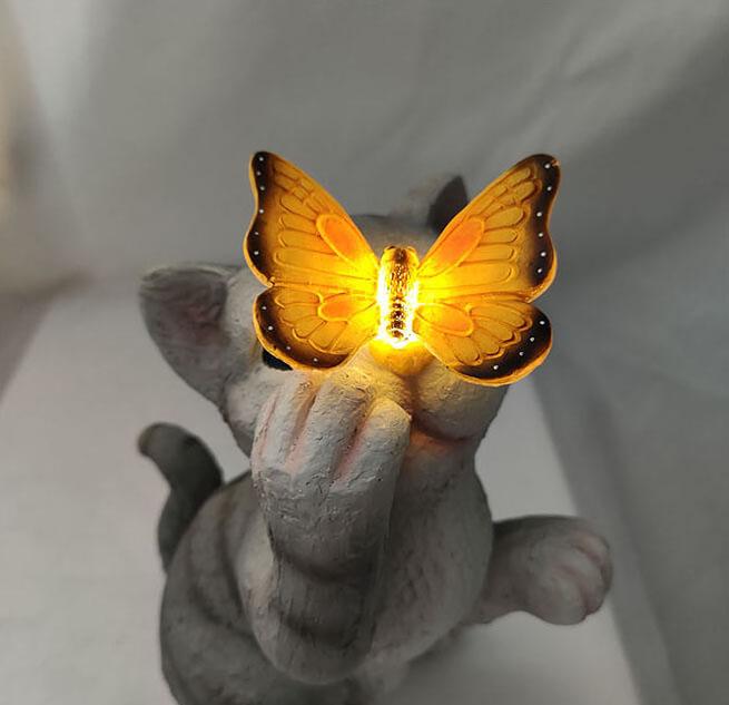 Garden Statue Solar Cat Resin with Butterfly Resin Outdoor Waterproof Decorative LED Night Light
