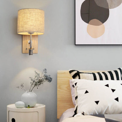 Modern Fabric Shade Wooden Base 1-Light Wall Sconce