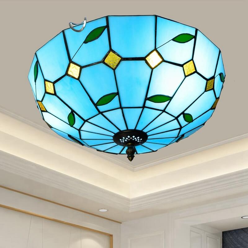 Tiffany Blue Mediterranean Stained Glass 3-Light Flush Mount Ceiling Light