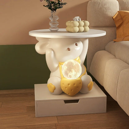 Modern Art Deco Kids Rabbit Round Plate Rectangular Drawer Resin Wood Enamel End Table 1-Drawer With LED Light For Bedroom