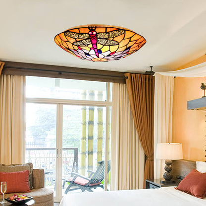 European Tiffany Orange Dragonfly Glass 2/3 Light Flush Mount Ceiling Light