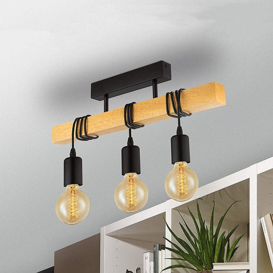 Industrial Vintage Wooden Linear 3-Light Semi-Flush Mount Ceiling Light
