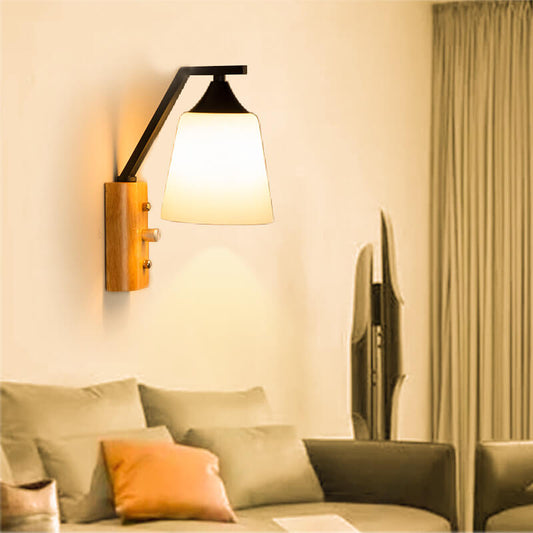 Modern Solid Wood Glass Bell Shade 1-Light Wall Sconce Lamp