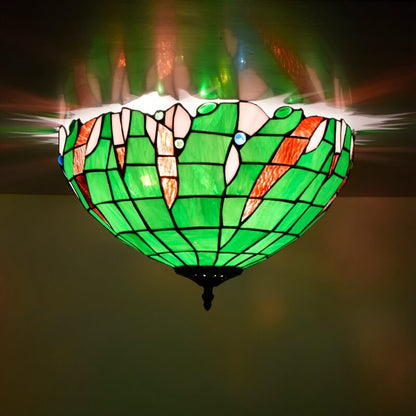 Tiffany Green Stained Glass Semi-Circular 3-Light Flush Mount Ceiling Light