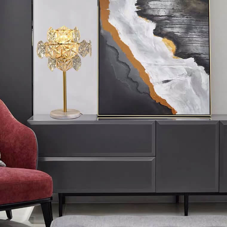 Modern Snowflake Glass Shade 2-Light Marble Base Table Lamp