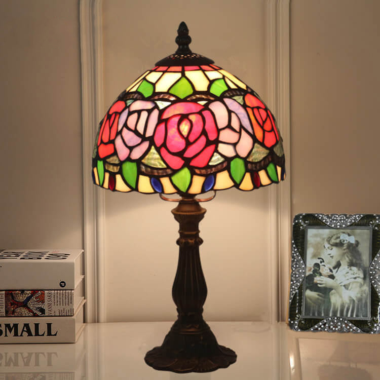 Retro Tiffany Flowering Rose Stained Glass 1-Light Table Lamp