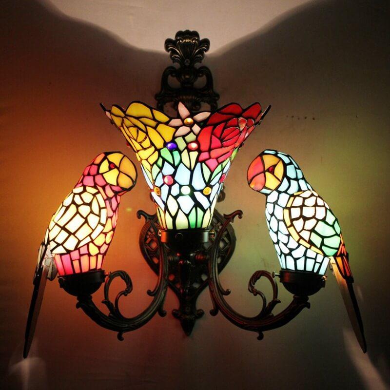 Tiffany Parrot Stained Glass 3-Light Wall Sconce Lamp