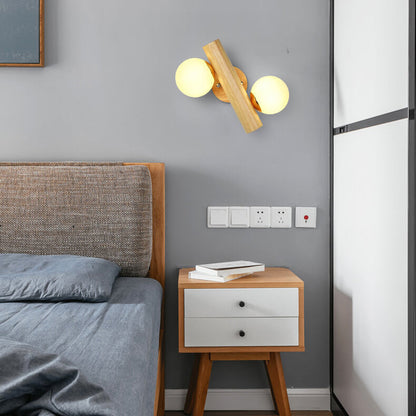 Modern Log Wood Double Glass Globe 2-Light Wall Sconce Lamp