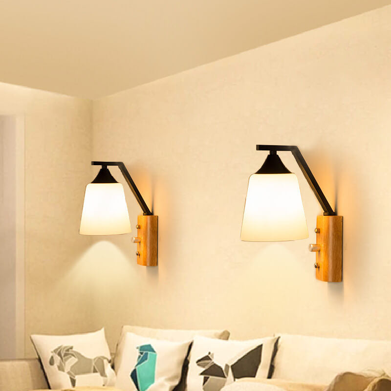 Modern Solid Wood Glass Bell Shade 1-Light Wall Sconce Lamp