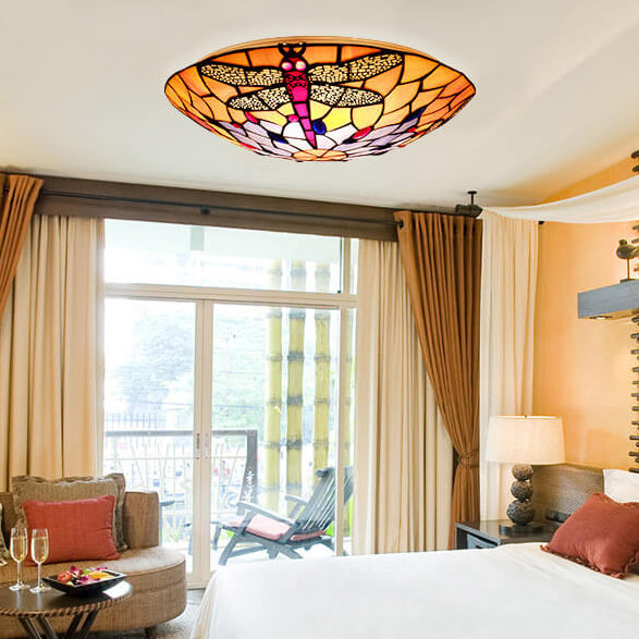 European Tiffany Orange Dragonfly Glass 2/3 Light Flush Mount Ceiling Light