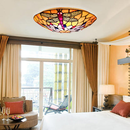 European Tiffany Orange Dragonfly Glass 2/3 Light Flush Mount Ceiling Light