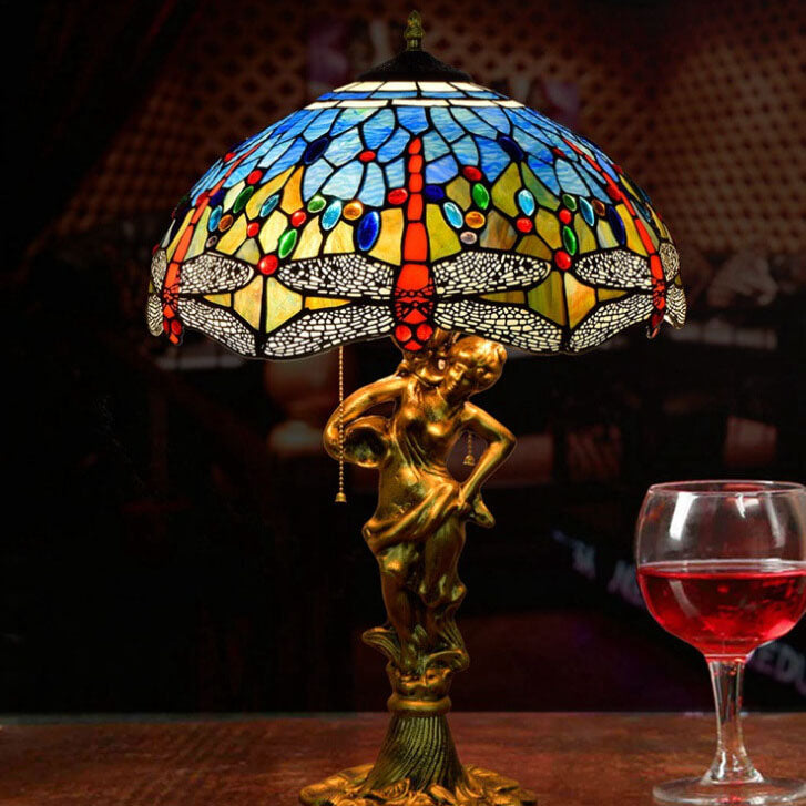 Tiffany Mediterranean Dragonfly Stained Glass 3-Light Zipper Table Lamp
