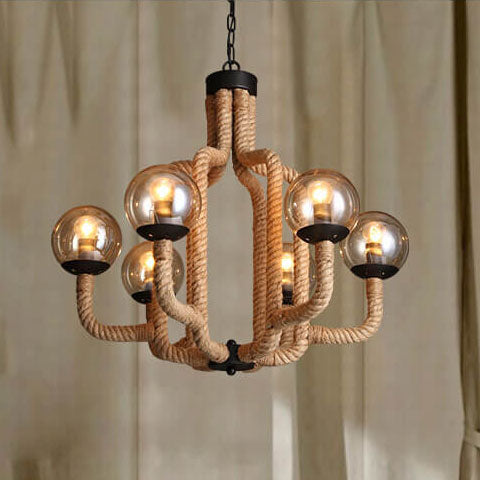 Vintage Hemp Rope Glass Sphere 6-Light Chandelier