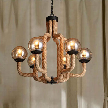 Vintage Hemp Rope Glass Sphere 6-Light Chandelier