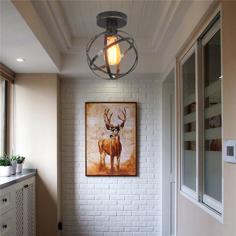 Vintage Wrought Iron Spherical  Cage 1-Light Semi-Flush Mount Ceiling Light