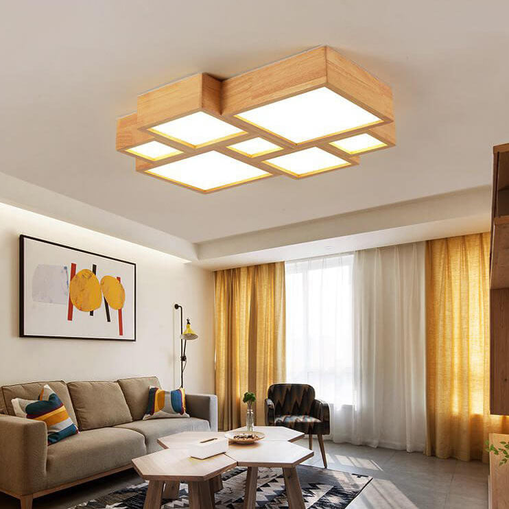 Nordic Solid Wood Square LED Flush Mount Ceiling Light