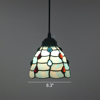 Tiffany European Gemstone Stained Glass Round 1-Light Pendant Light