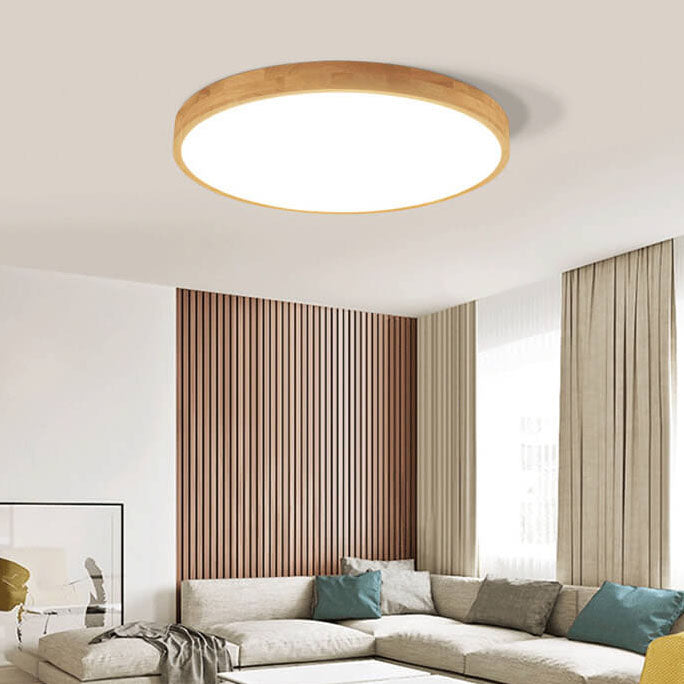 Nordic Solid Wood Round Ultra-Thin LED Flush Mount Ceiling Light