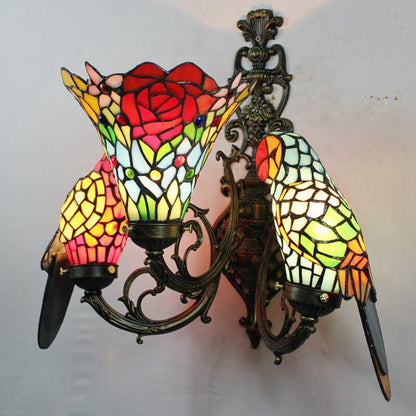 Tiffany Parrot Stained Glass 3-Light Wall Sconce Lamp