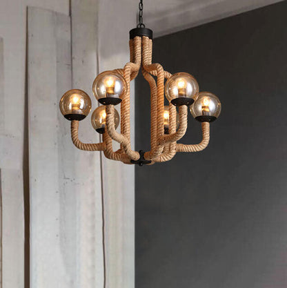 Vintage Hemp Rope Glass Sphere 6-Light Chandelier