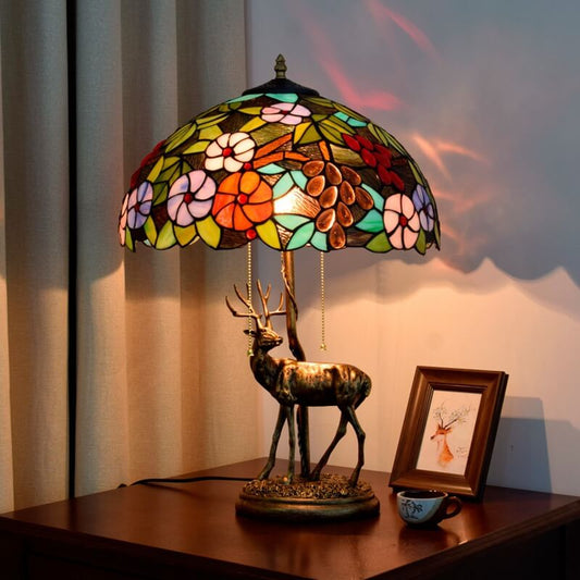 Tiffany Stained Glass Elk Base 2-Light Table Lamp