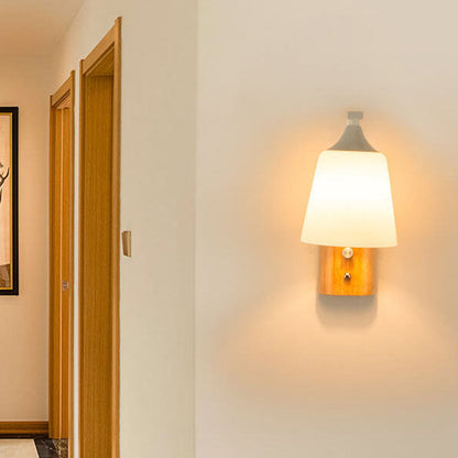 Modern Solid Wood Glass Bell Shade 1-Light Wall Sconce Lamp
