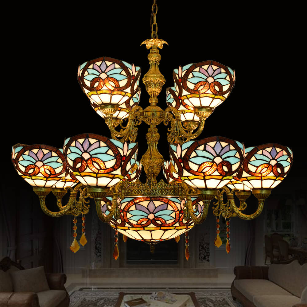 European Style Tiffany Love Baroque Stained Glass 15-Light Chandelier