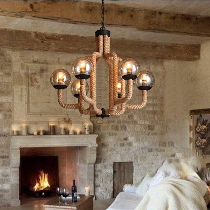Vintage Hemp Rope Glass Sphere 6-Light Chandelier