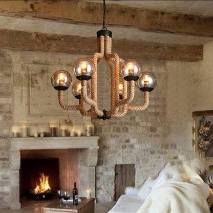 Vintage Hemp Rope Glass Sphere 6-Light Chandelier
