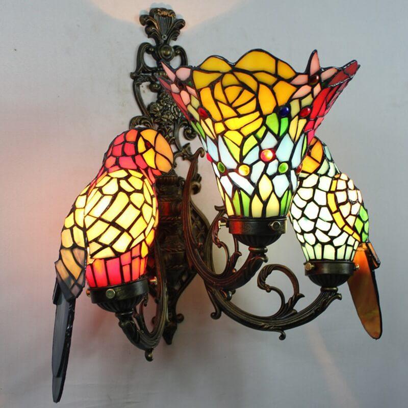 Tiffany Parrot Stained Glass 3-Light Wall Sconce Lamp