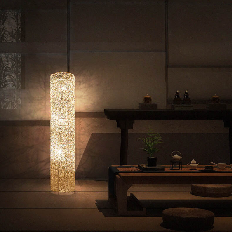 Minimalist Rattan Weaving Column Shaped 3-Light Standing Floor Lamp