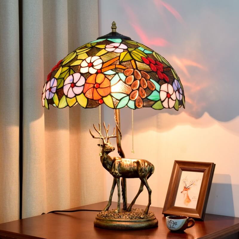 Tiffany Stained Glass Elk Base 2-Light Table Lamp