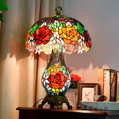 Tiffany Rustic Roses Stained Glass 3-Light Table Lamp
