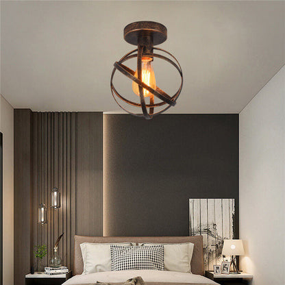 Vintage Wrought Iron Spherical  Cage 1-Light Semi-Flush Mount Ceiling Light