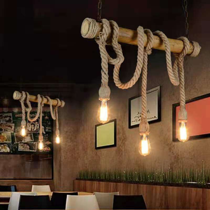 Industrial Vintage Twine Wooden Stick 3/6 Light Chandelier