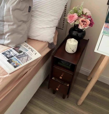 Contemporary Simplicity Rectangular Solid Wood Ultra-Narrow Nightstand Space-Saving Cabinet 2-Drawer For Bedroom
