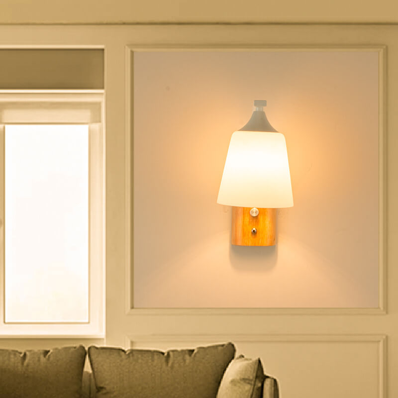 Modern Solid Wood Glass Bell Shade 1-Light Wall Sconce Lamp