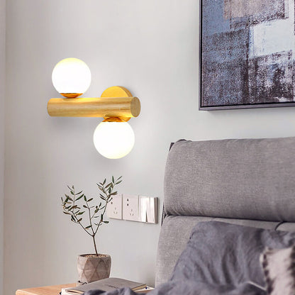 Modern Log Wood Double Glass Globe 2-Light Wall Sconce Lamp