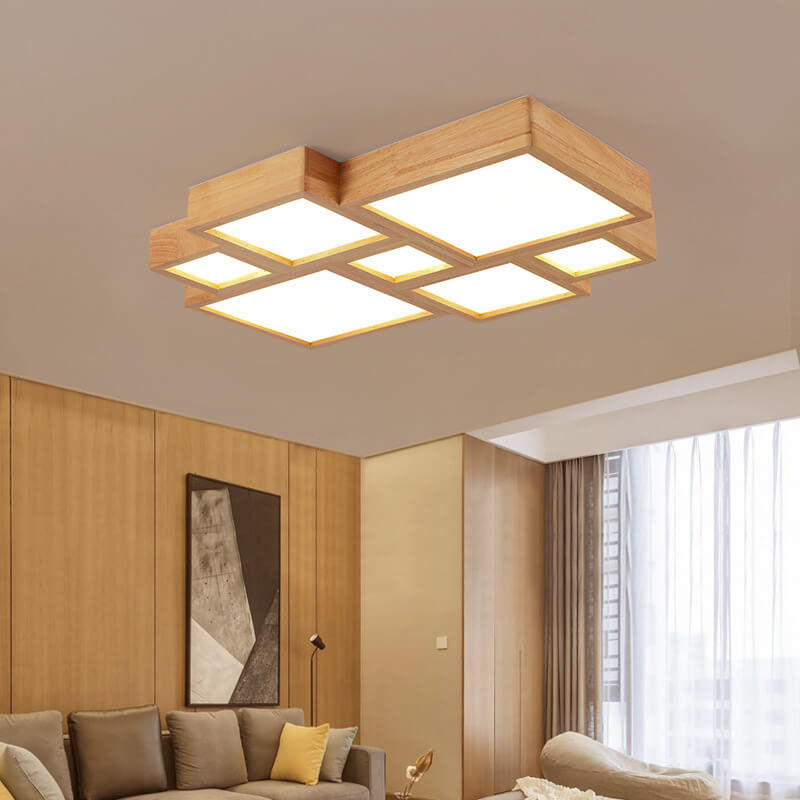 Nordic Solid Wood Square LED Flush Mount Ceiling Light