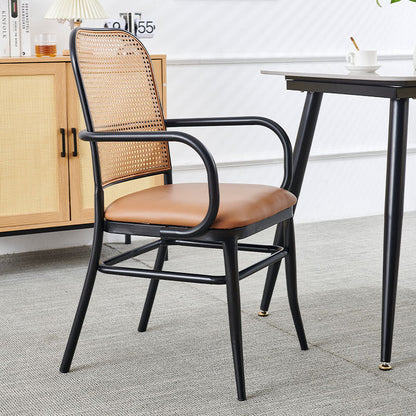 Traditional Vintage PE Imitation Rattan Nappa Leather Upholstered Dining Chair Backrest Armrest For Dining Room