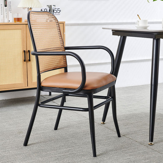 Traditional Vintage PE Imitation Rattan Nappa Leather Upholstered Dining Chair Backrest Armrest For Dining Room