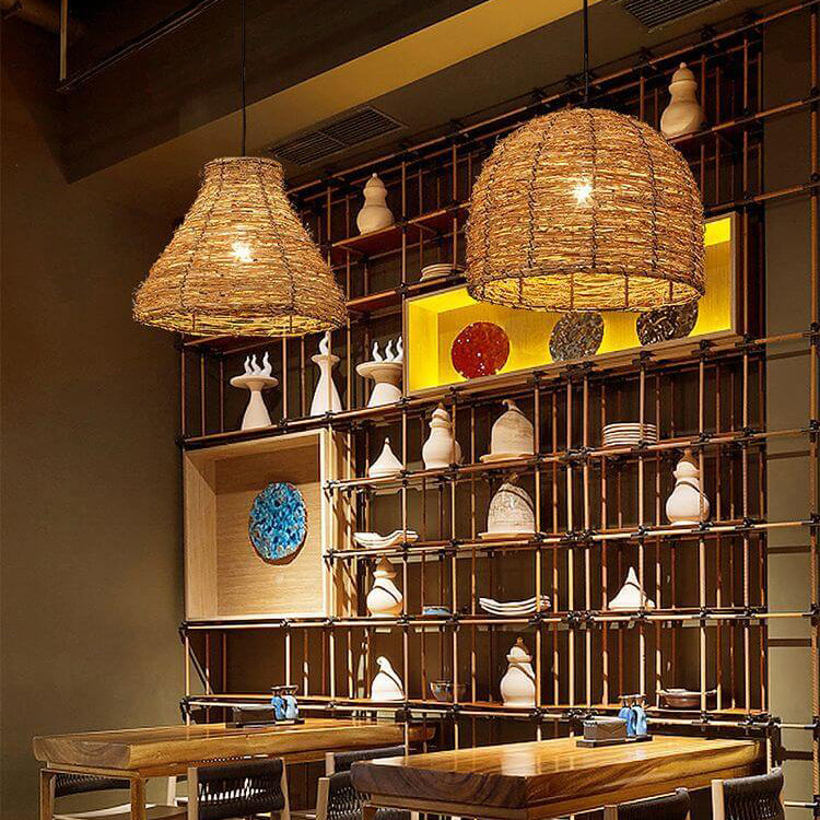 Retro Rattan Weaving Dome 1-Light Pendant Light