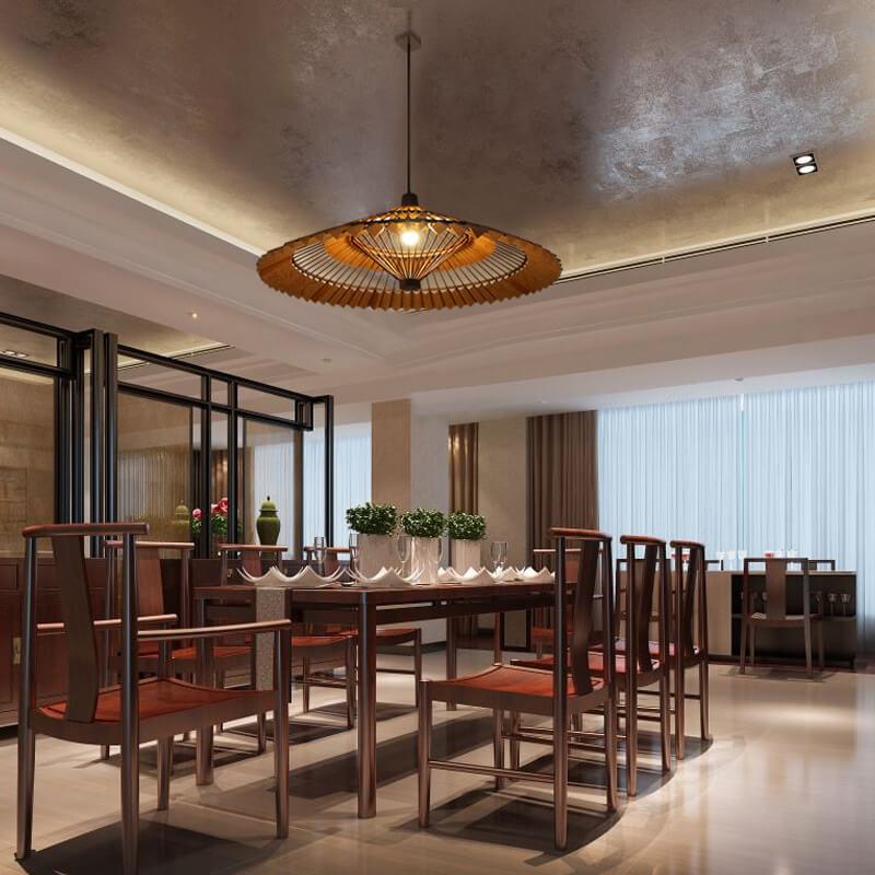 Antique Solid Wood Parchment Umbrella Shaped 1-Light Pendant Light