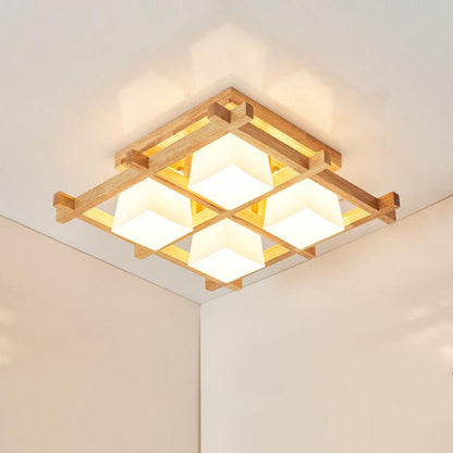 Japanese Minimalist Wooden Square Cube Shade 4/6/9 Light Flush Mount Ceiling Light