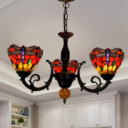 European Tiffany Red Dragonfly Stained Glass 3-Light Chandelier