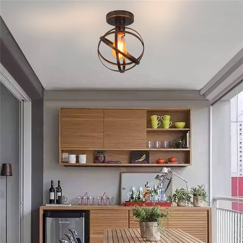 Vintage Wrought Iron Spherical  Cage 1-Light Semi-Flush Mount Ceiling Light