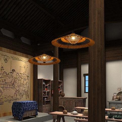 Antique Solid Wood Parchment Umbrella Shaped 1-Light Pendant Light
