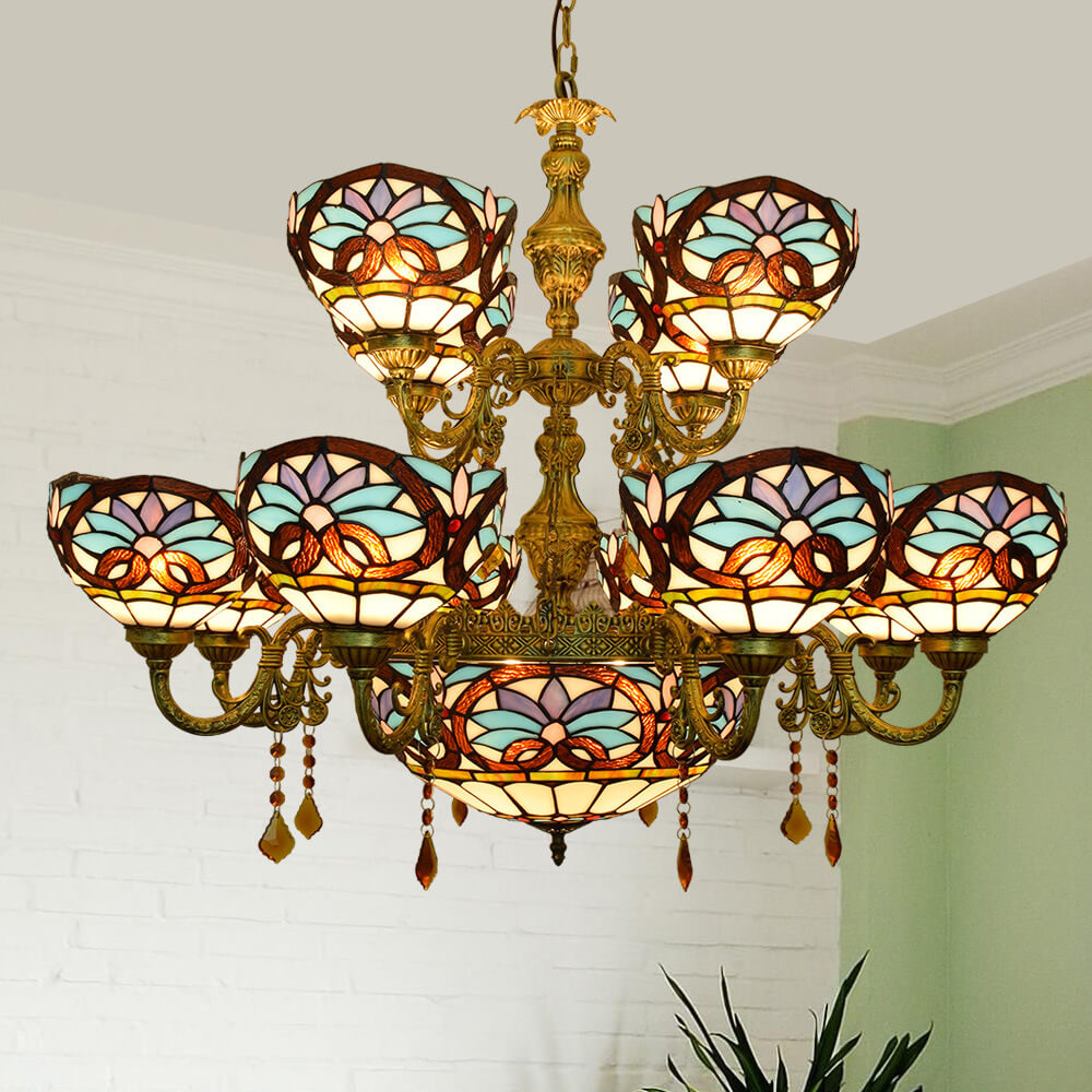 European Style Tiffany Love Baroque Stained Glass 15-Light Chandelier