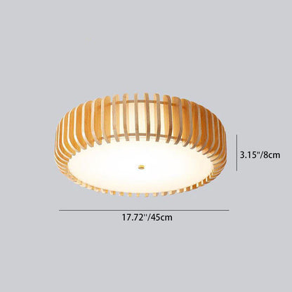 Traditional Japanese Round Wood Iron LED Flush Mount Ceiling Light For Bedroom